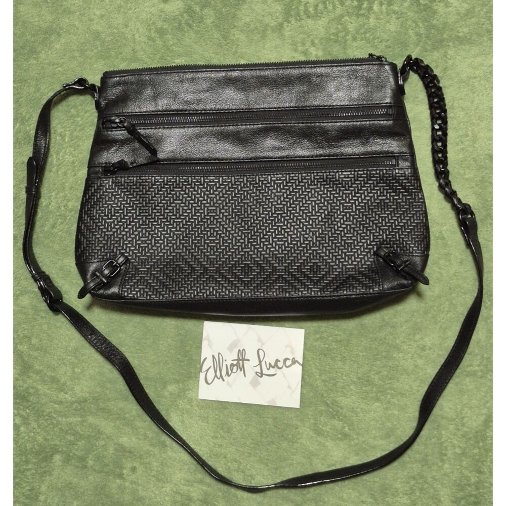 Elliott Lucca Mari Crossbody Purse Front Black Zippers Black Woven Leather